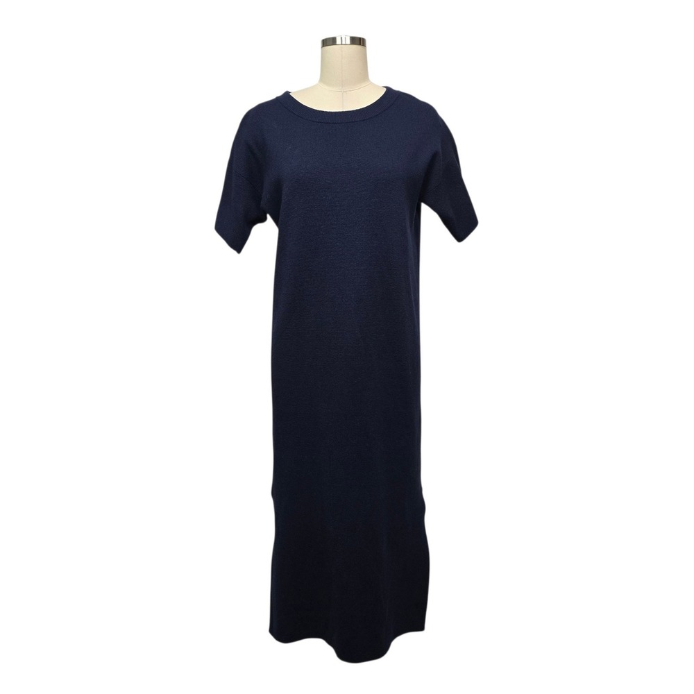 J.Crew Navy Blue Short Sleeve Knit Midi Dress Crew Neck Side Slit Size XS